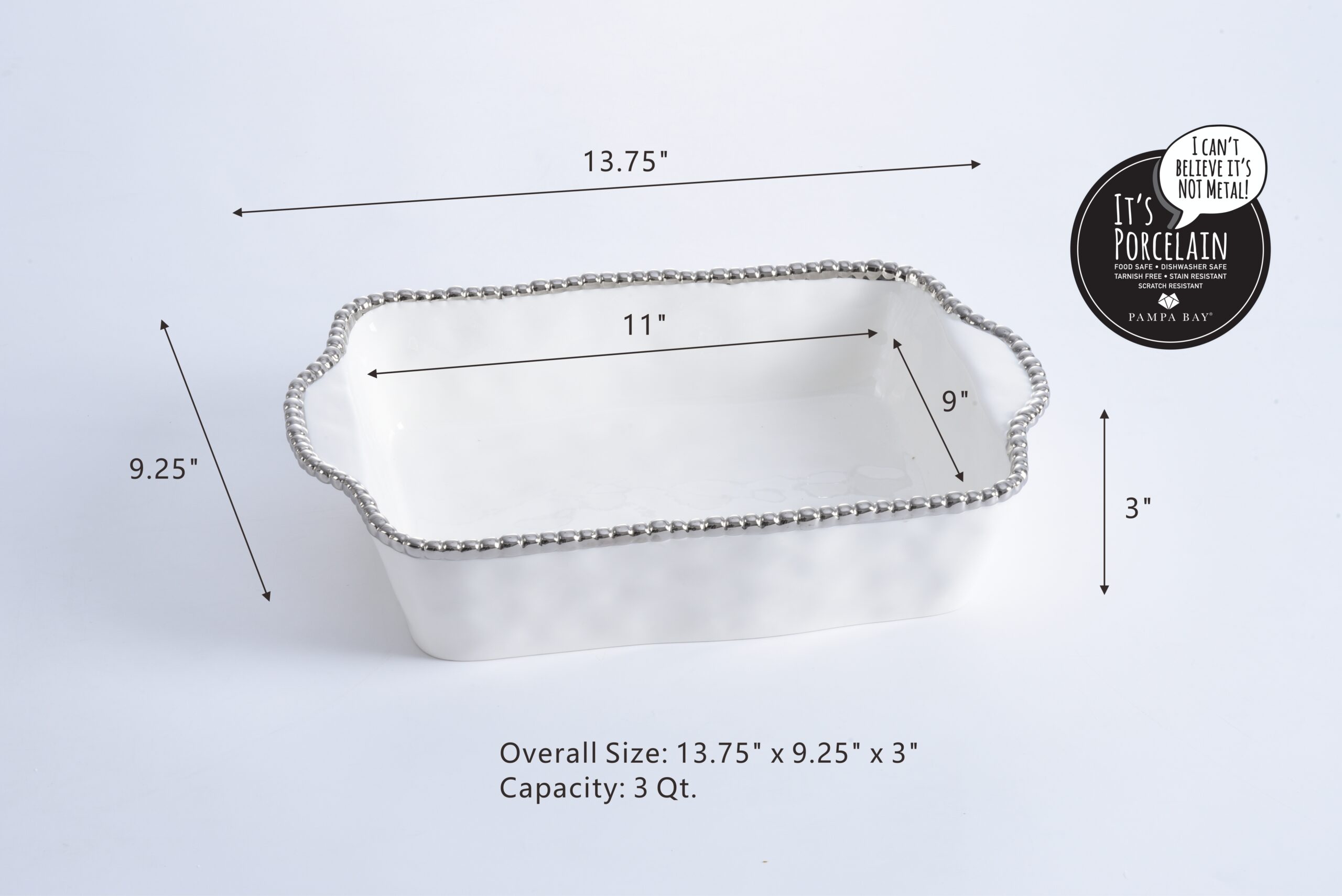 Overall size: 13.75" x 9.25" x 3" - Capacity: 3Qt.