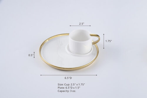 Size: Cup: 2.5" x 1.75" Plate: 6.5"D x 1.5" Capacity: 3 oz.