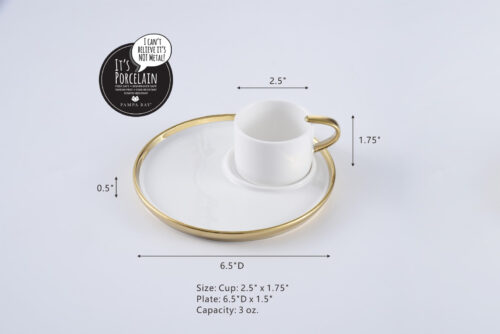 Size: Cup: 2.5" x 1.75" Plate: 6.5"D x 1.5" Capacity: 3 oz.