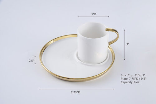 Size: Cup: 3"D x 3", Plate: 7.75"D x 0.5", Capacity: 8 oz
