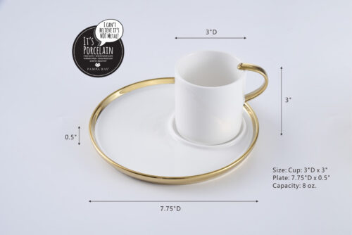 Size: Cup: 3"D x 3", Plate: 7.75"D x 0.5", Capacity: 8 oz