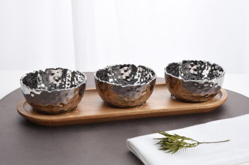 Image by Set of 3 Porcelain Bowls on Acacia Wood Tray