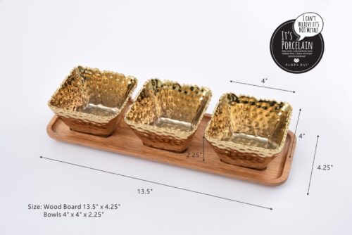 Size: Wood Board 13.5" x 4.25" - Bowls 4" x 4" x 2.25" 13.5"